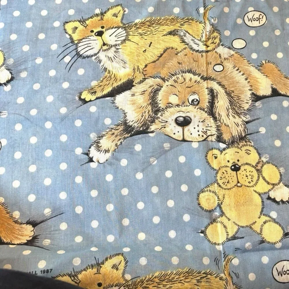 VTG Sue Hall 87 Bibb Company Curtains Dog Cat Teddy Bear Blue Polka Dot 2 Panels